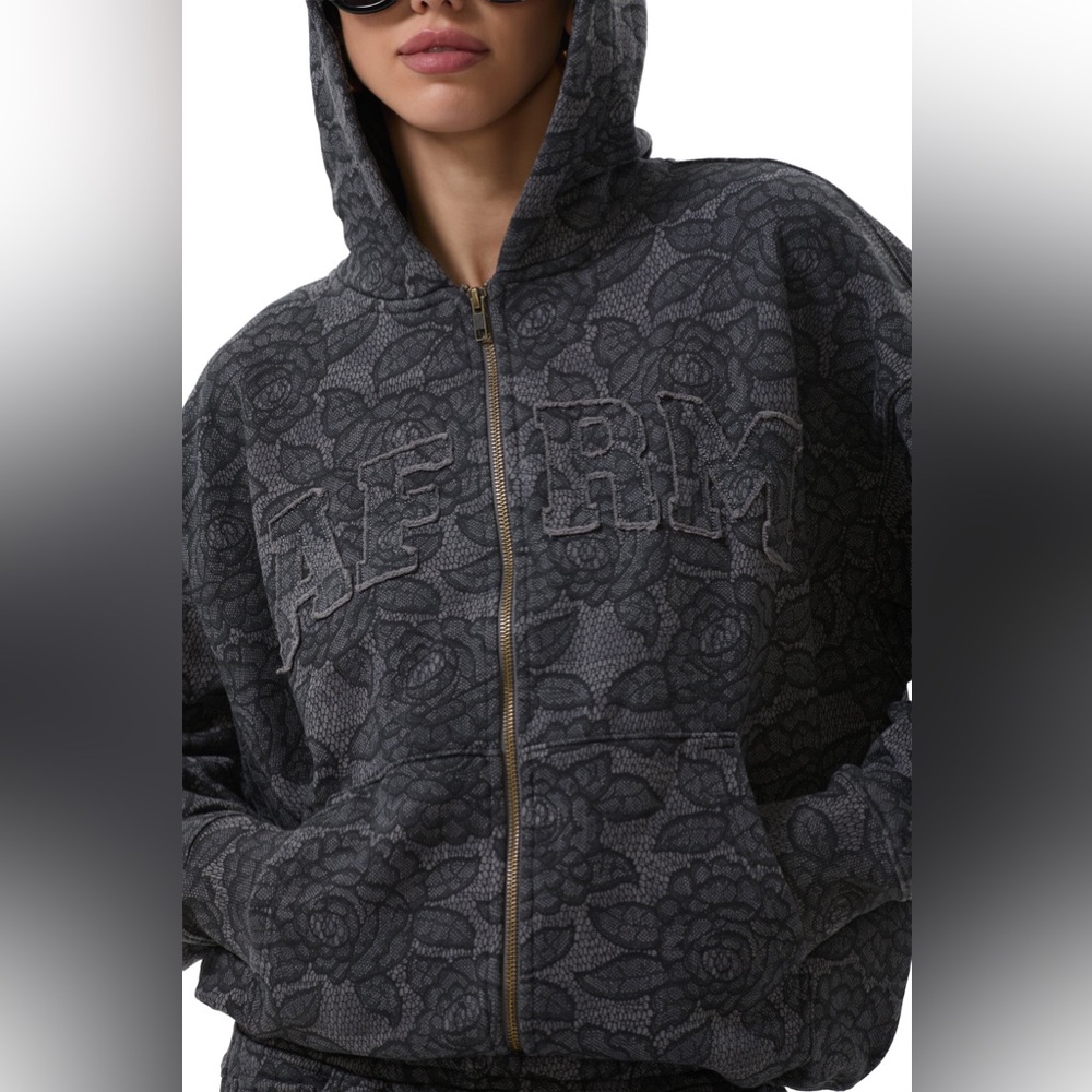 AFRM Cameron Zip Up Hoodie & Sweats Matching Set - Black Lace | PREOWNED